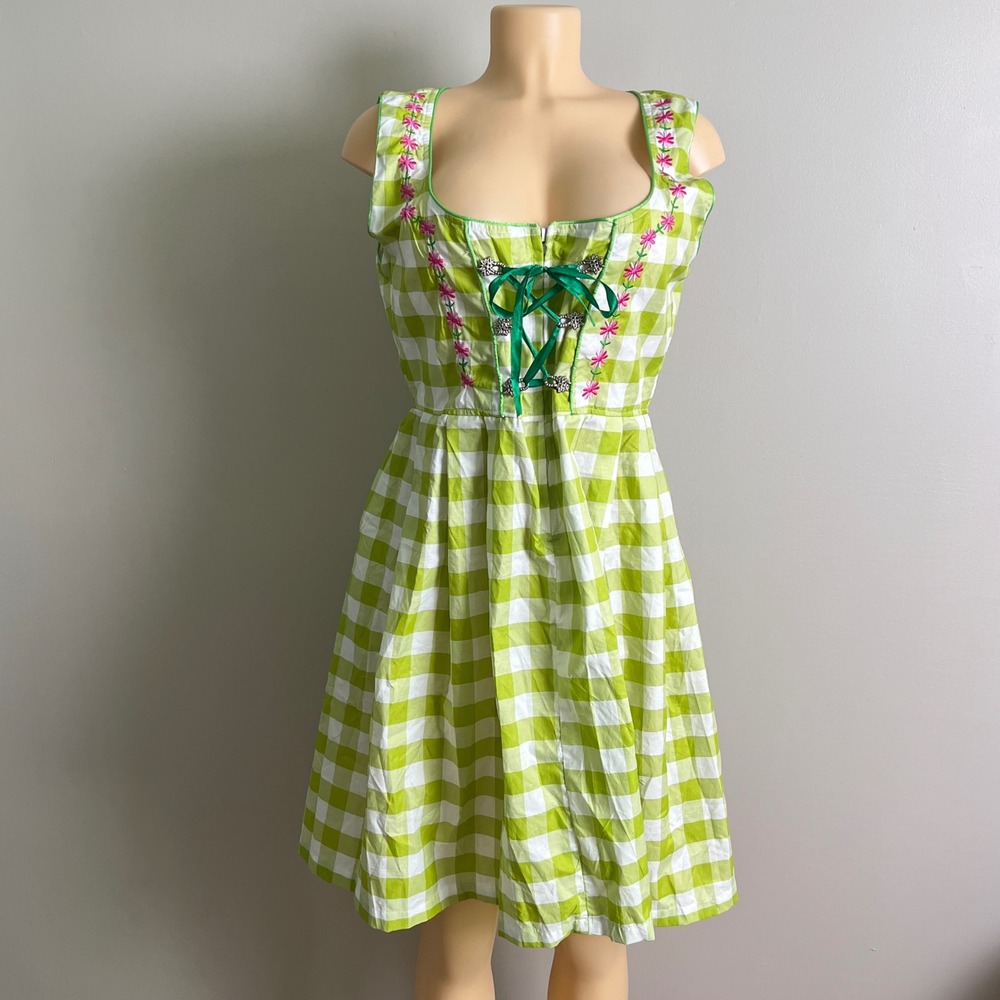 Green Gingham Dirndl Dress L Milkmaid Floral Oktoberfest Bavarian Corset Cottage